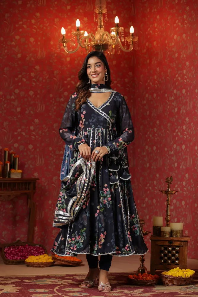 Blue Angrakha Georgette Anarkali Suit set With Gota Work