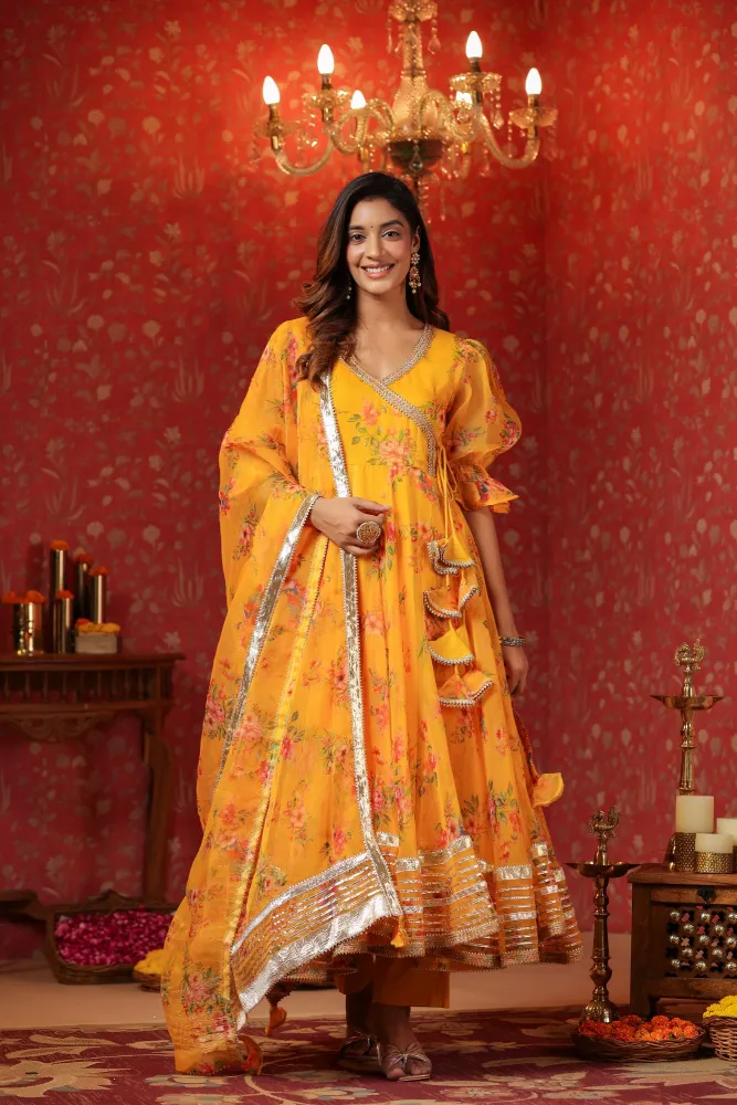 Saffron Yellow Organza Anarkali Set