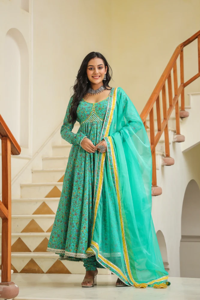 Turquoise Blue Green Cotton Anarkali suit Set