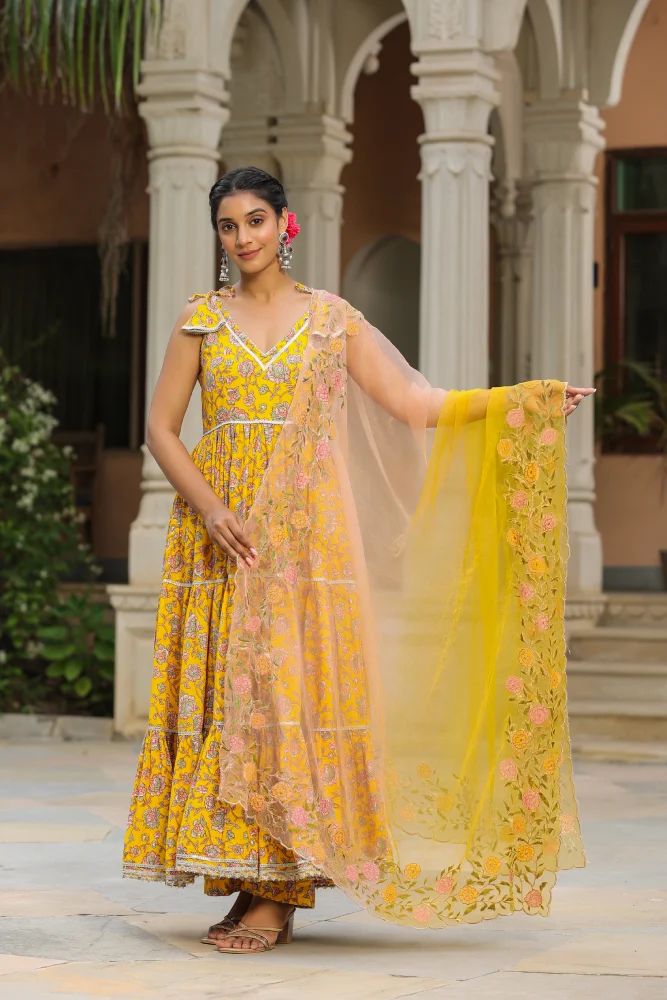 Saffron Yellow Cotton sleeveless Anarkali Suit Set