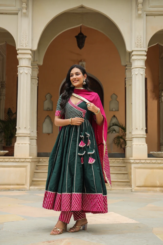Stromboli Dark Green Cotton Slik Anarkali Suit Set