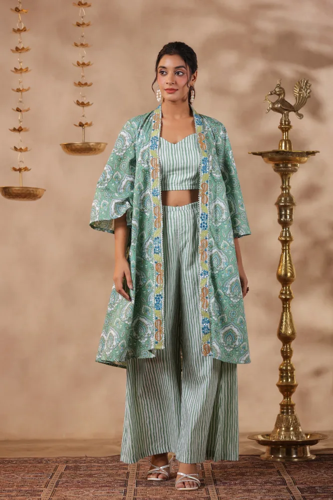 Green Printed Cotton Crop Top With Embroidered Shrug Co ord Set of 3
