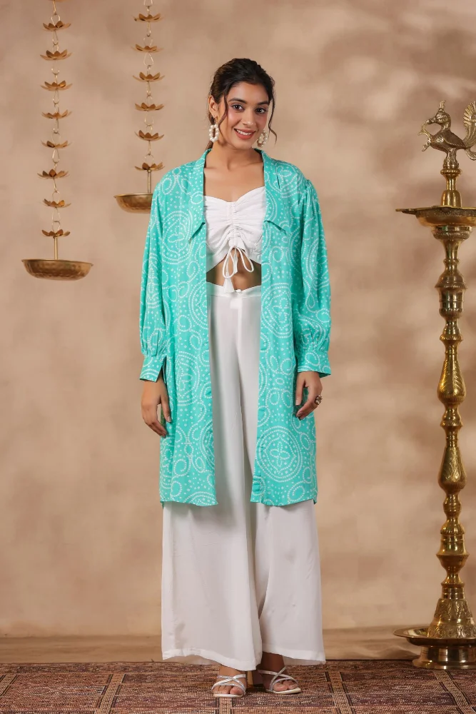 White Natural Crepe Front String With Shrug Co ord Set of 3