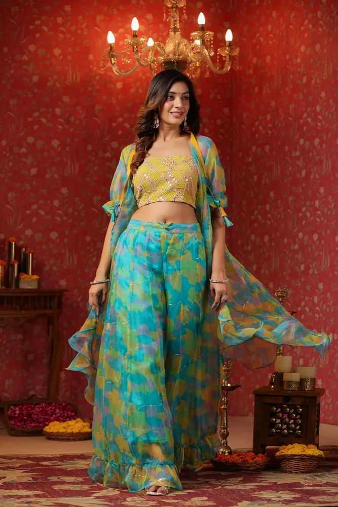 Yellow organza Embroidered Crop Top frilled shrug Set of 3