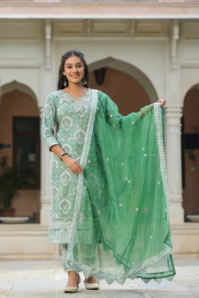 Green Printed Cotton embroidered Kurta Suit- Set of 3