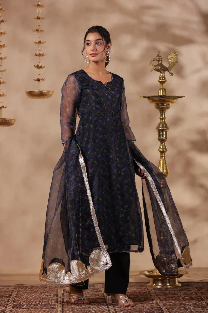 Black organza Printed Stright Kurta set Of 3