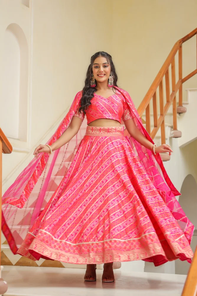 Pink Brocade Silk Bandhani Print Lehenga Set