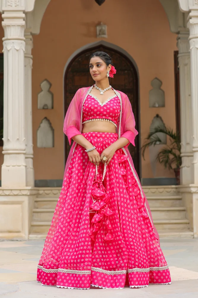 Crimson Pink Organza Bandhani Print Lehenga Set