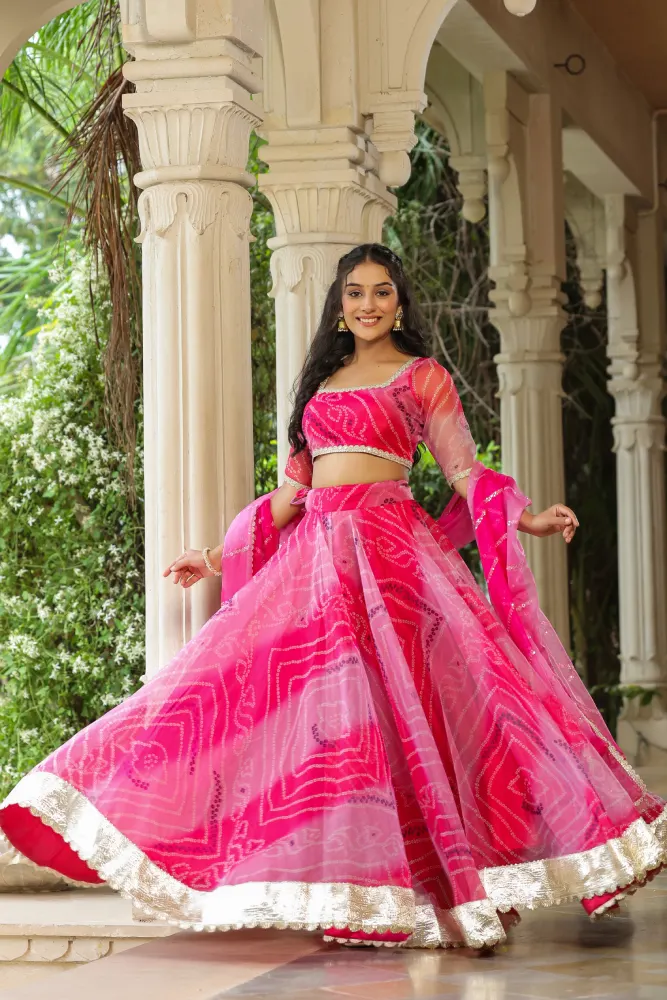 French Rose Organza Bandhani Print Lehenga Set