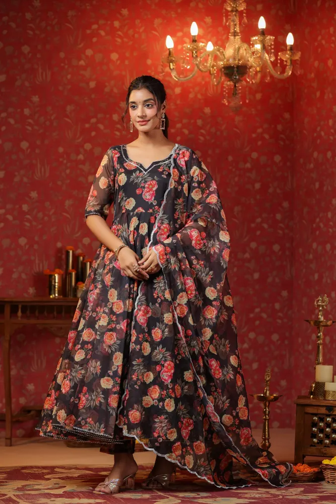 Woodsmoke Black Organza Anarkali Set