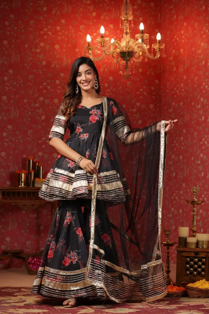 Crow Black Organza Sharara Set