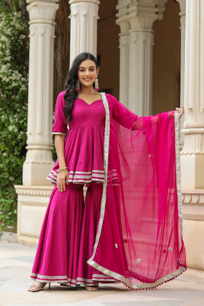 Disco Pink Cotton Silk Sharara Set