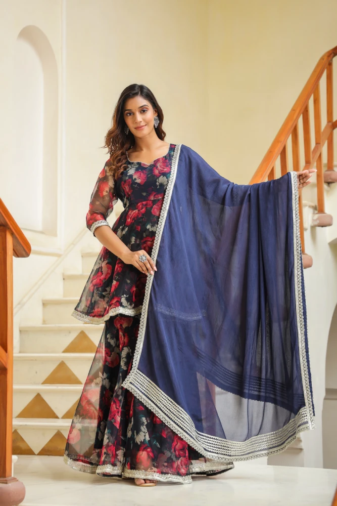 Vulcan Blue Organza Sharara Set