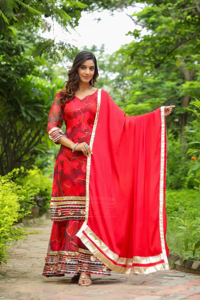 Froly Red Abstract Print organza Sharara Set