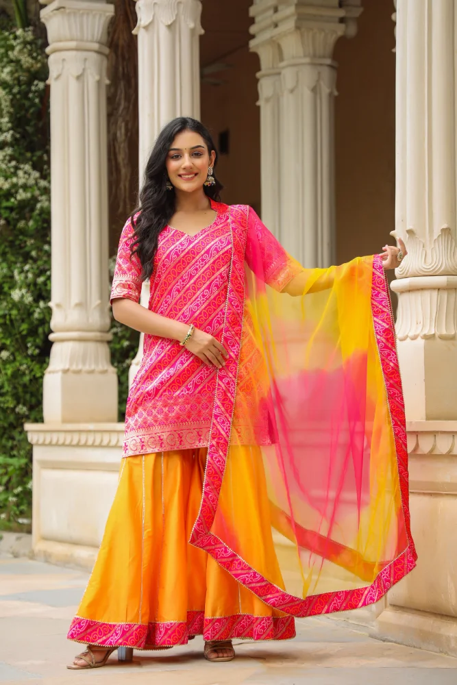 Buttercup Pink Yellow Brocade Bandhani Print Sharara Set