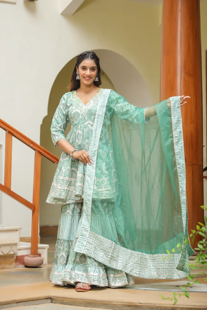 Viridian Green Cotton Mughal Print Anarkali Sharara Set