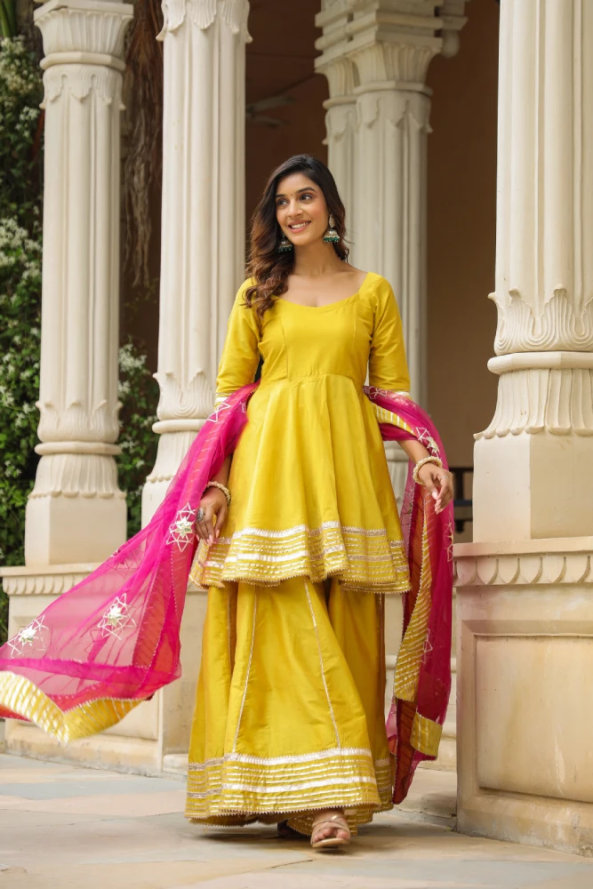 Ronchi Yellow Cotton Silk Sharara Set