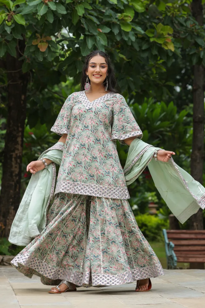 Sea green Cotton Printed Sharara Set