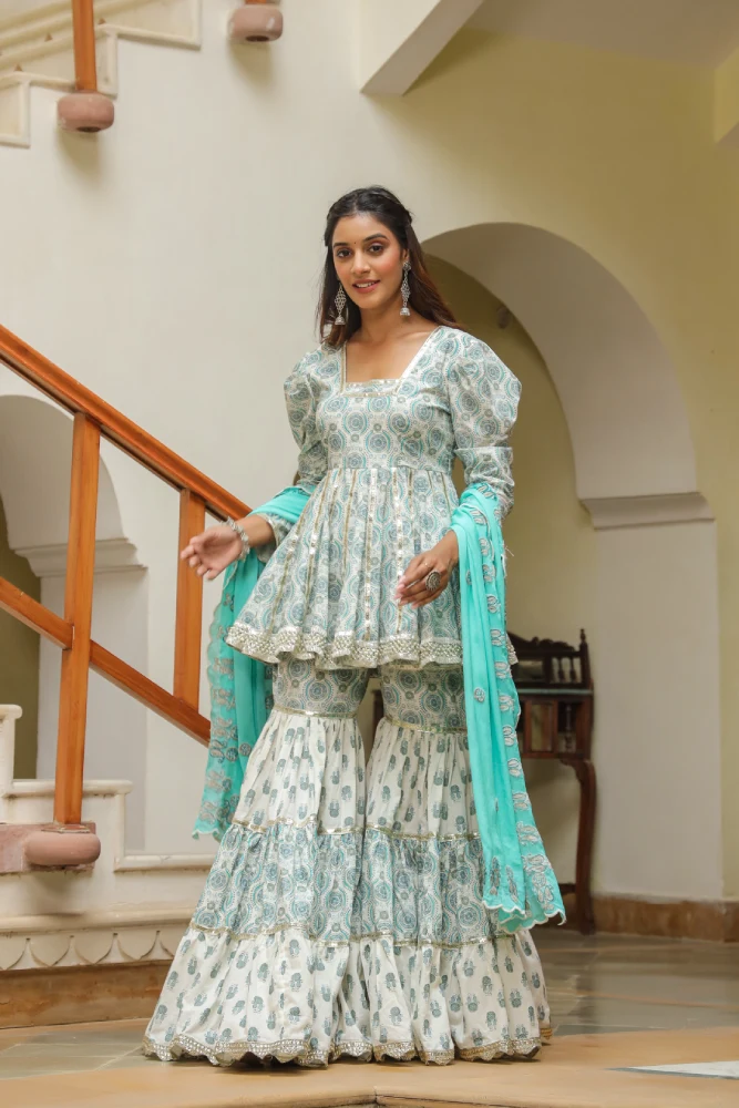 Fountain Blue Cotton Printed Sharara Set