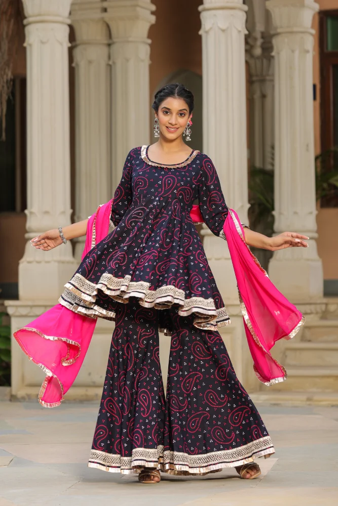 Mulberry Blue Bandhani Cotton Sharara Set