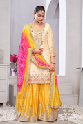 Cream & Yellow Chinon Embroidered Palazzo Suit