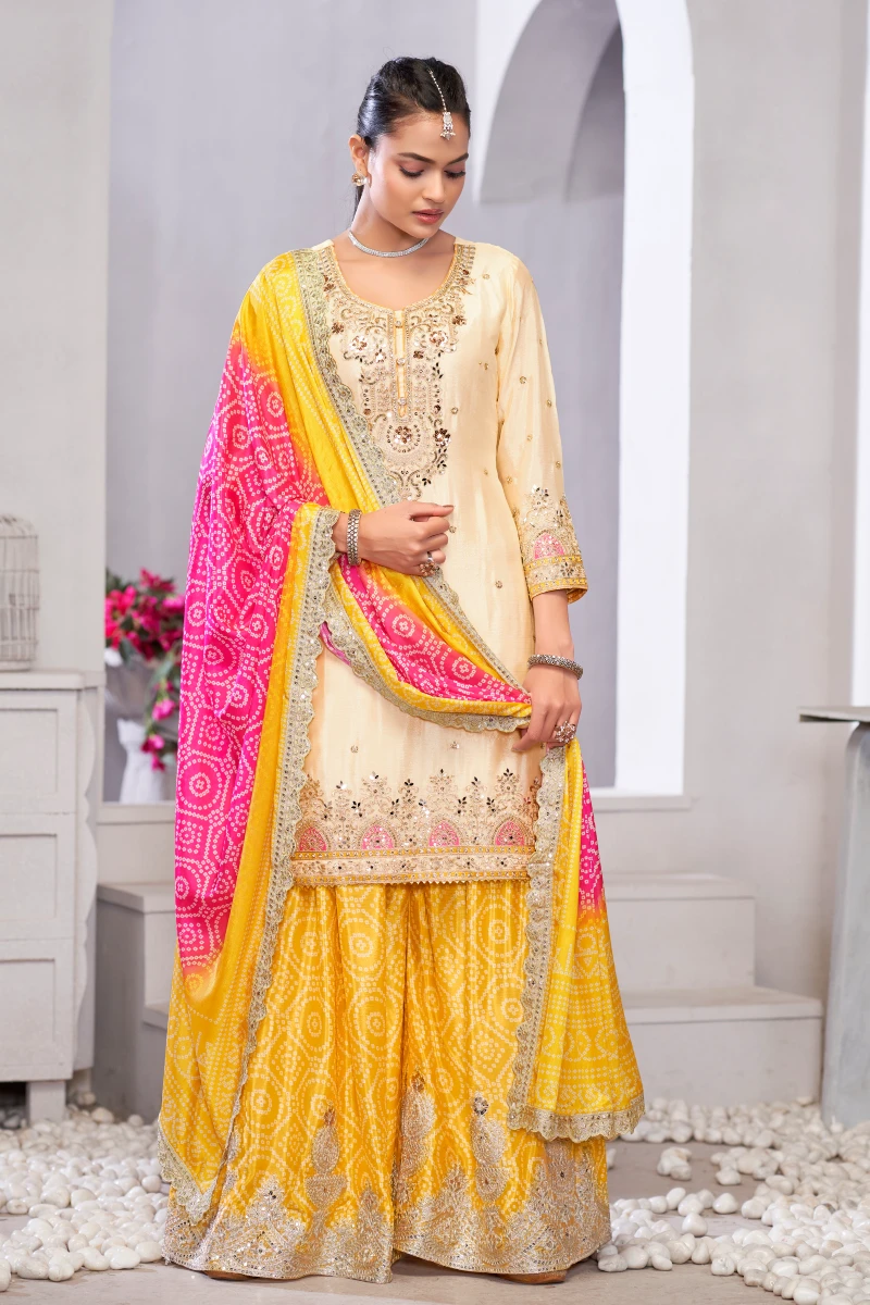Cream & Yellow Chinon Embroidered Palazzo Suit