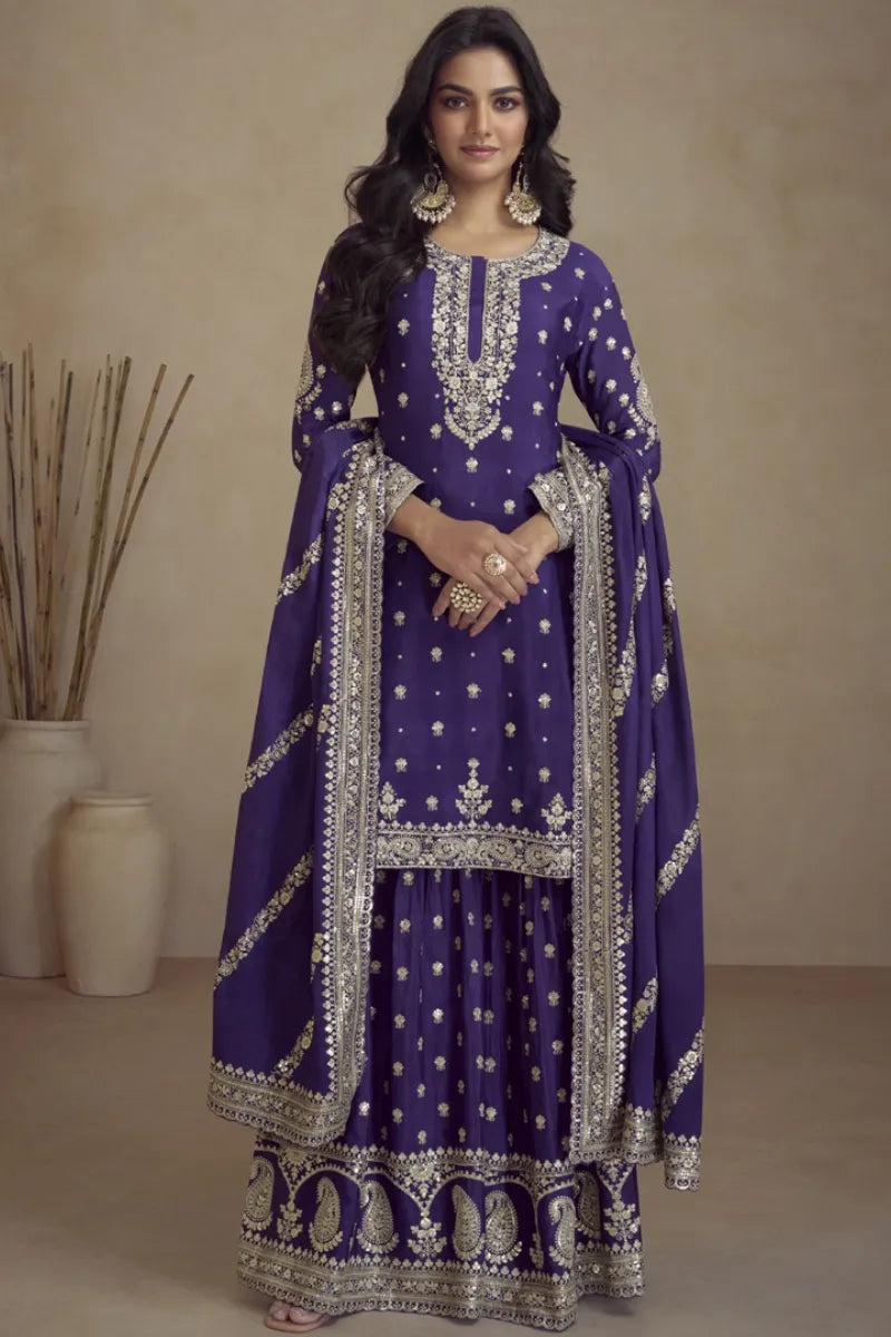 Purple Real Chinon Embroidery Designer Sharara Suit