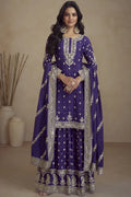 Purple Real Chinon Embroidery Designer Sharara Suit