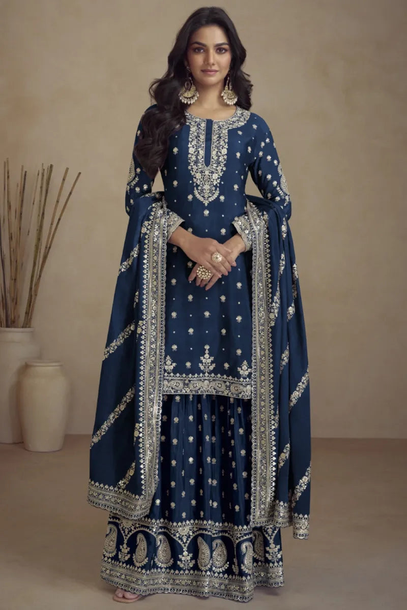 Blue Real Chinon Embroidery Designer Sharara Suit