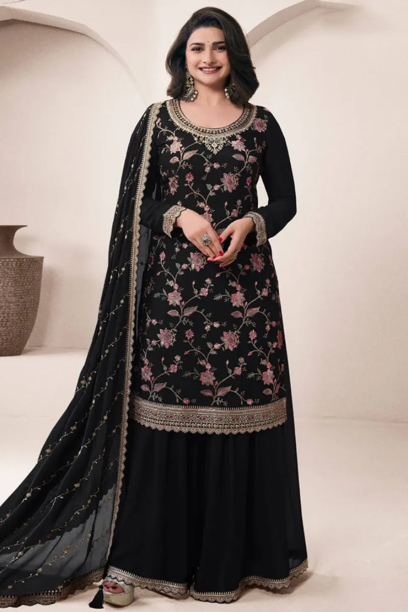 Black Chinon Silk Embroidered Sharara Suit