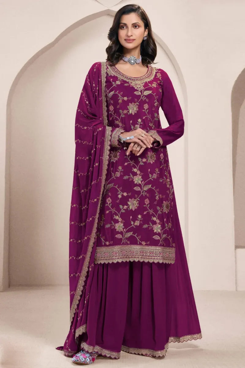 Violet Chinon Silk Embroidered Sharara Suit