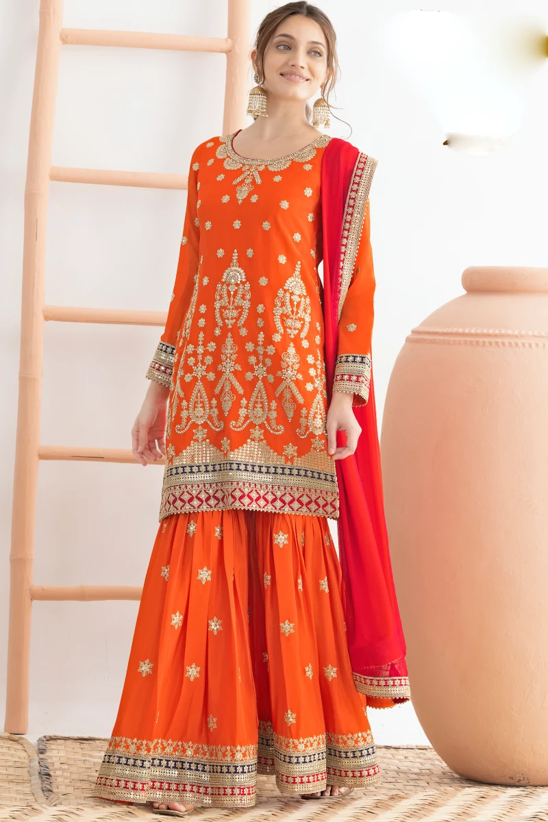 Orange Chinon Suit with Dual Colour Dupatta