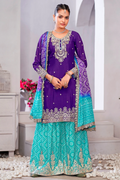 Puple & blue Chinon Embroidered Palazzo Suit
