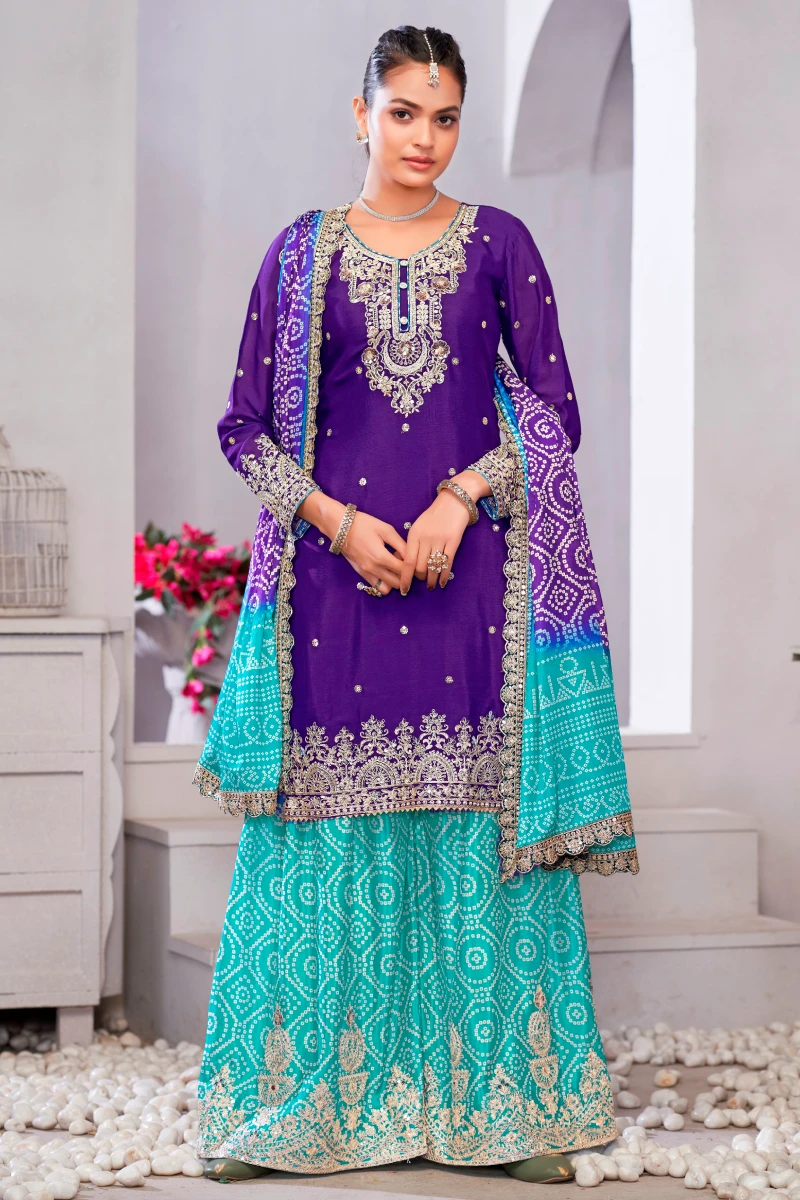Puple & blue Chinon Embroidered Palazzo Suit