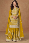 Yellow Chinnon Silk Embroidered Straight Kurti Set with Palazzo and Dupatta