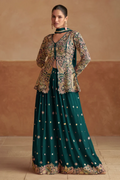 Green Chinon Jacket Style Palazzo Suit with Dupatta