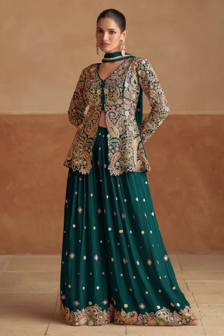 Green Chinon Jacket Style Palazzo Suit with Dupatta