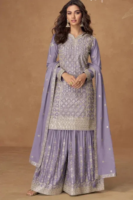 Violet Chinon Embroidered Palazzo Suit with Dupatta