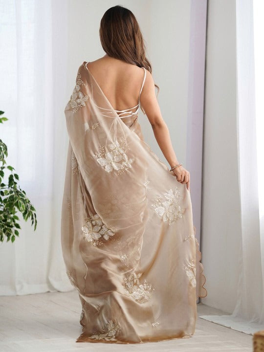 Embellished Floral Sequinned Organza Saree