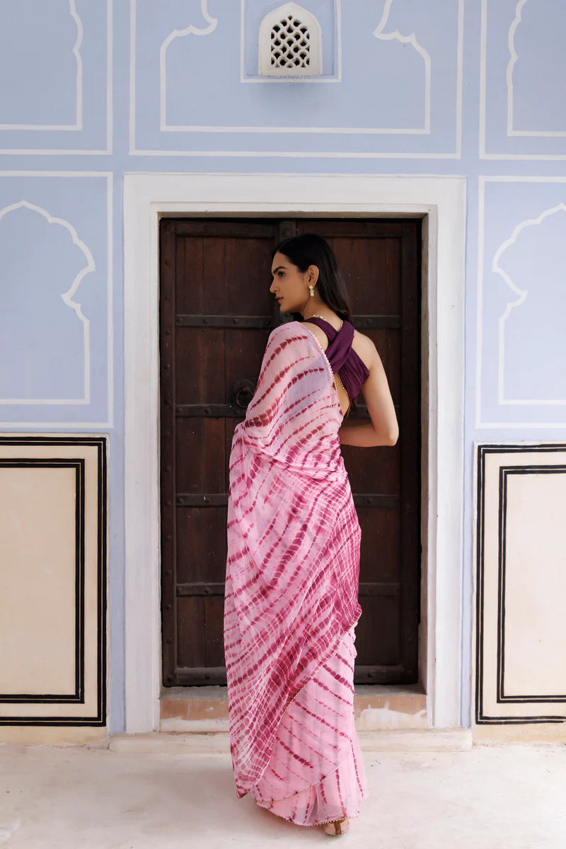 Pink Hand Dyed Shibori Bandhani Chiffon Saree