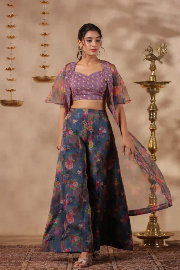 Grey Printed organza Shrug Set With Embroidery Top Set Of 3