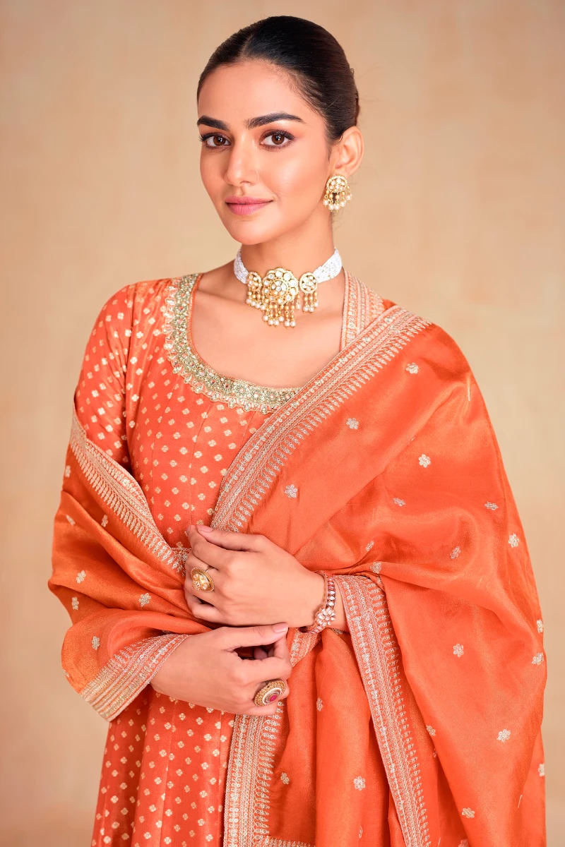 Orange Jacquard Embroidered Anarkali Suit with Vichitra Dupatta