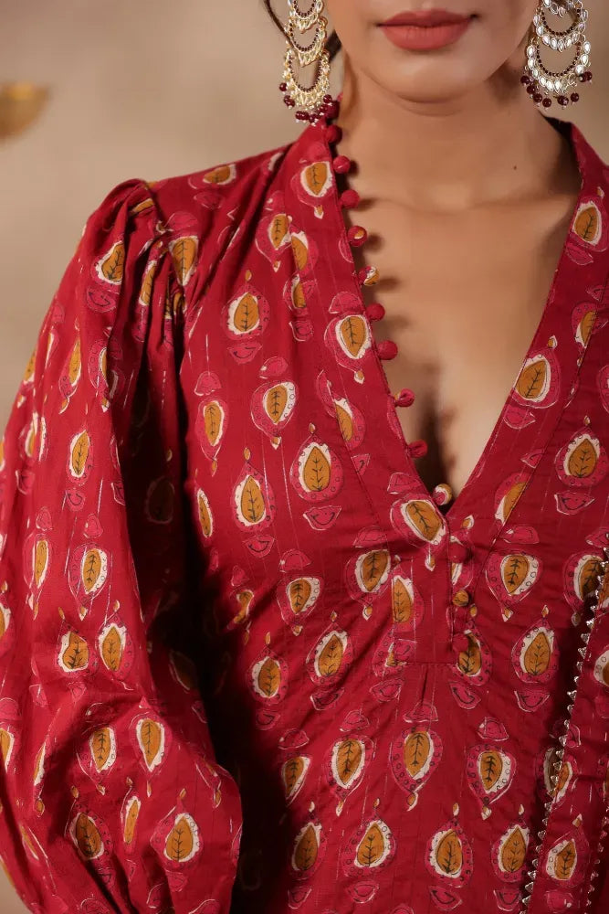 Maroon Cotton Printed straight kurta set With Embroidery Duptta Set of 3