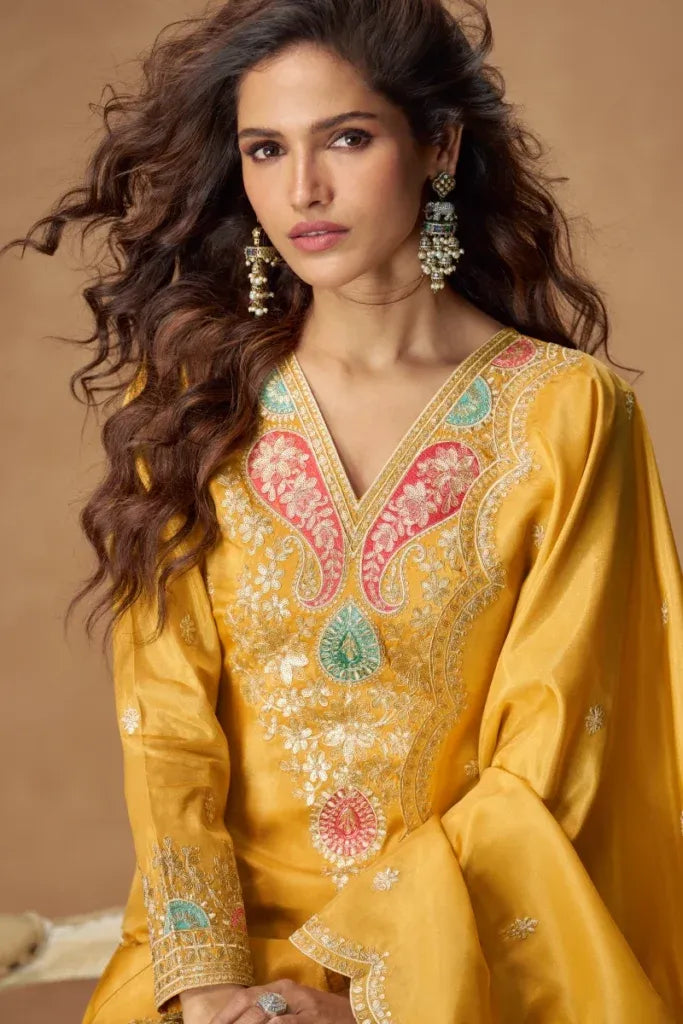 Yellow Simar Silk Embroidered Palazzo Suit with Dupatta
