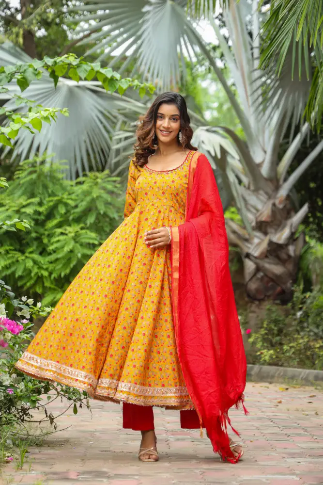 Corn Yellow Anarkali Slik Suite set