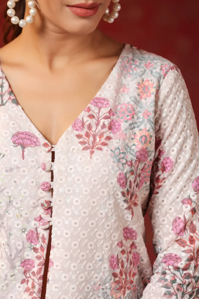 Cream Printed Cotton Schiffly Sharara Co-Ord Set of 3