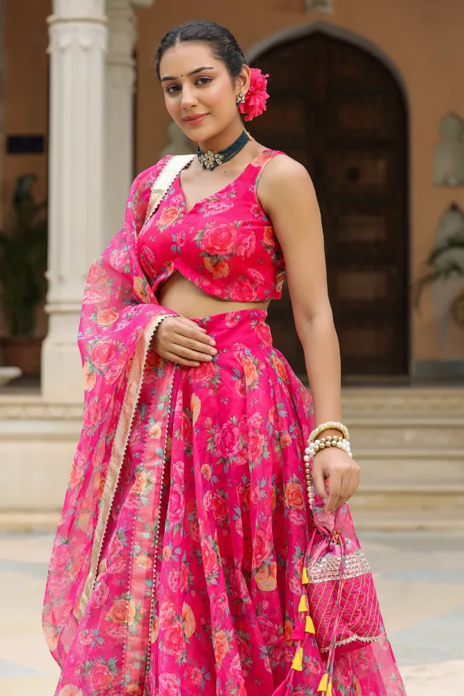 Pink Organza Floral Print Lehenga Set
