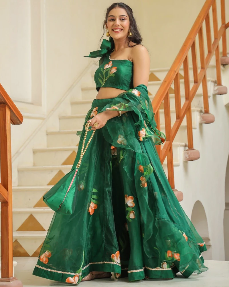 Amazon Green Oraganza mehndi Lehenga set