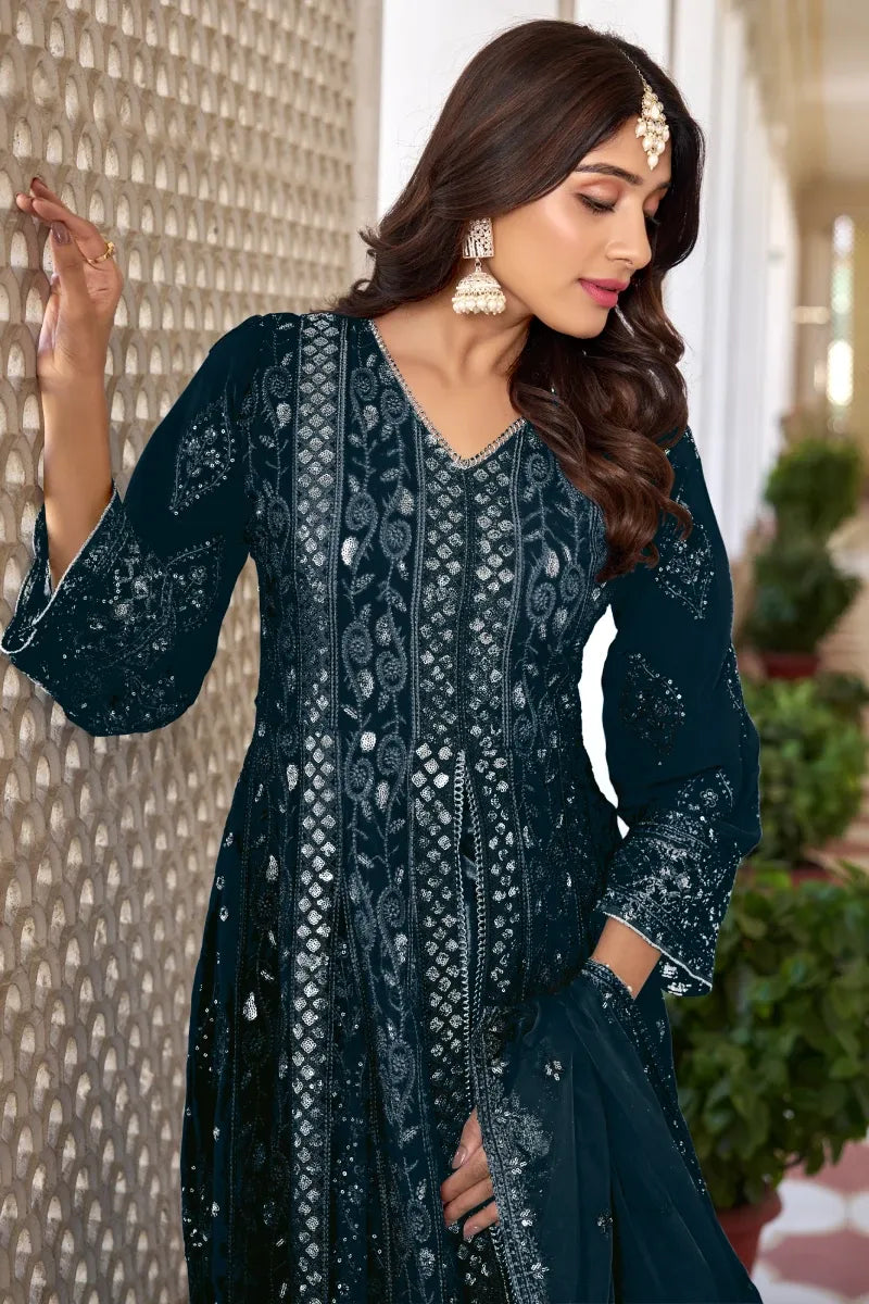 Teal Green Faux Georgette Embroidered Slit Style Salwar Suit with Dupatta