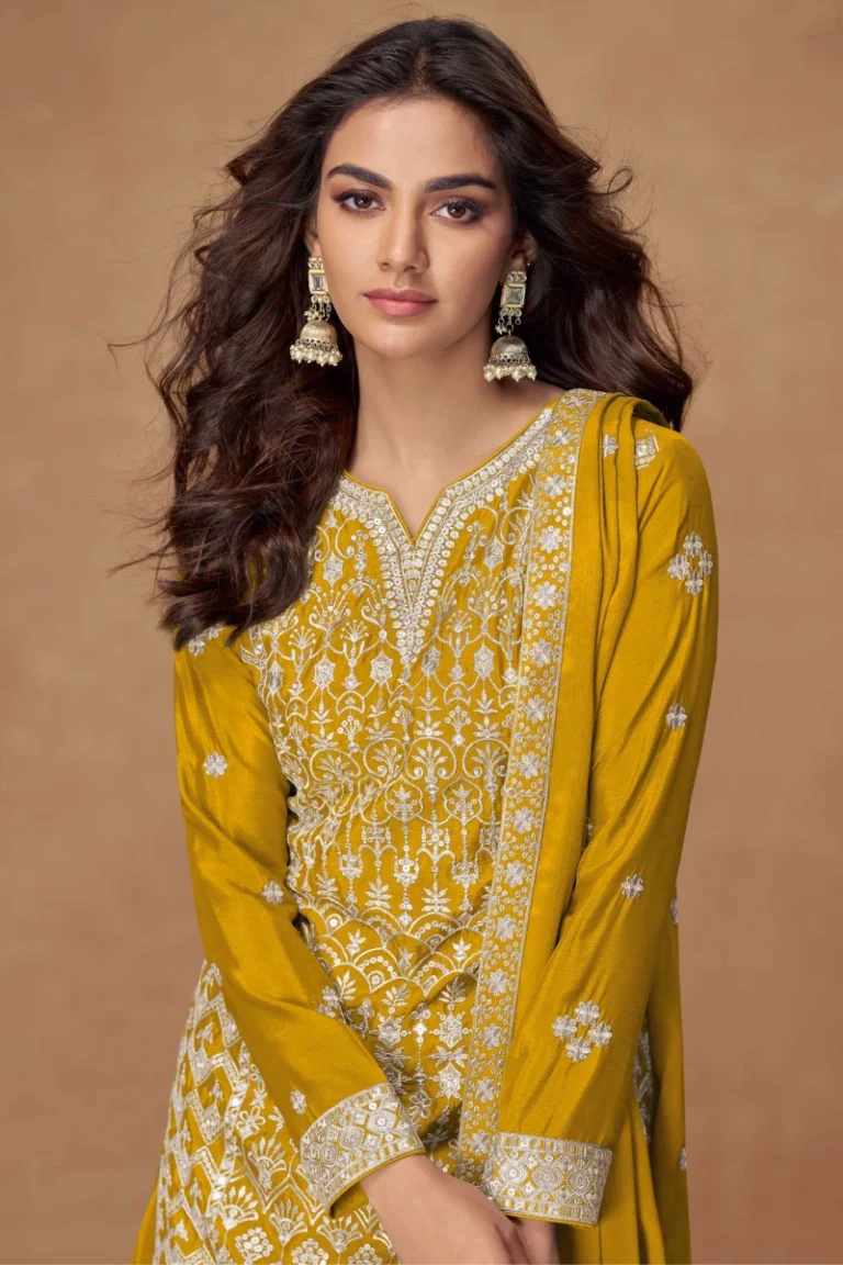 Yellow Chinnon Silk Embroidered Straight Kurti Set with Palazzo and Dupatta